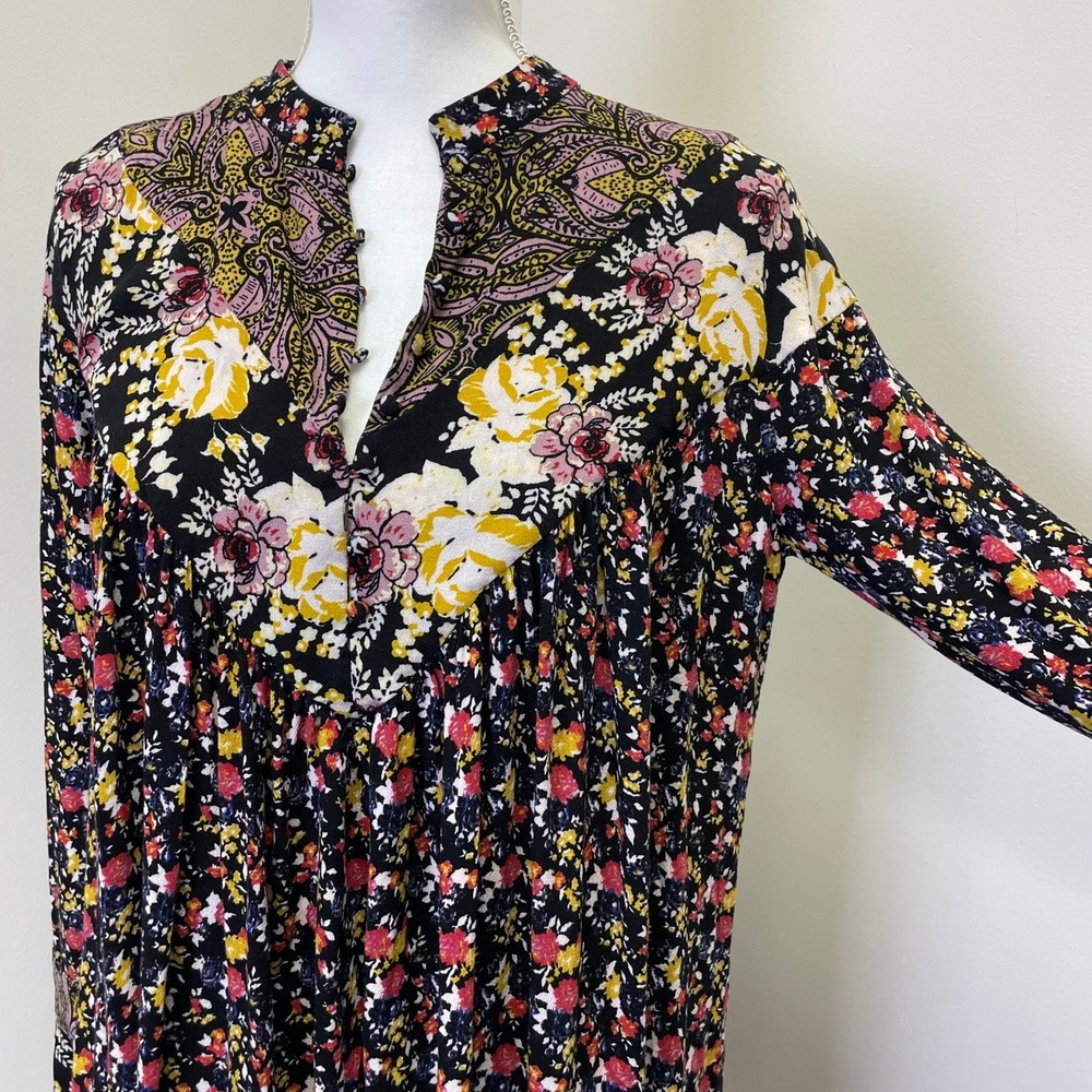 Free People Floral Paisley Mixed Print Tunic Top Black Yellow Red Small Boho - Picture 3 of 13
